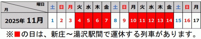 新庄から湯沢駅間の設備メンテナンスの実施時期は、2025年11月4日火曜日から11月7日金曜日および 2025年11月10日月曜日から11月14日金曜日までの9日間において  新庄駅から湯沢駅間で運休する列車があります。