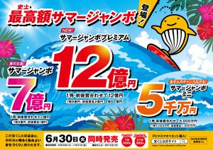 サマージャンボプレミアム、サマージャンボ宝くじとサマージャンボ ミニが、  6月30日(火)から全国で3種類同時発売されます。サマージャンボプレミアムが、新登場。1等・前後賞合わせて12億円。サマージャンボ宝くじは、1等・前後賞合わせて7億円。サマージャン